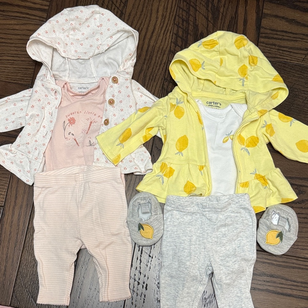 Carter's Newborn Sets. One Lemon Print Set with Slippers, and One Floral Set